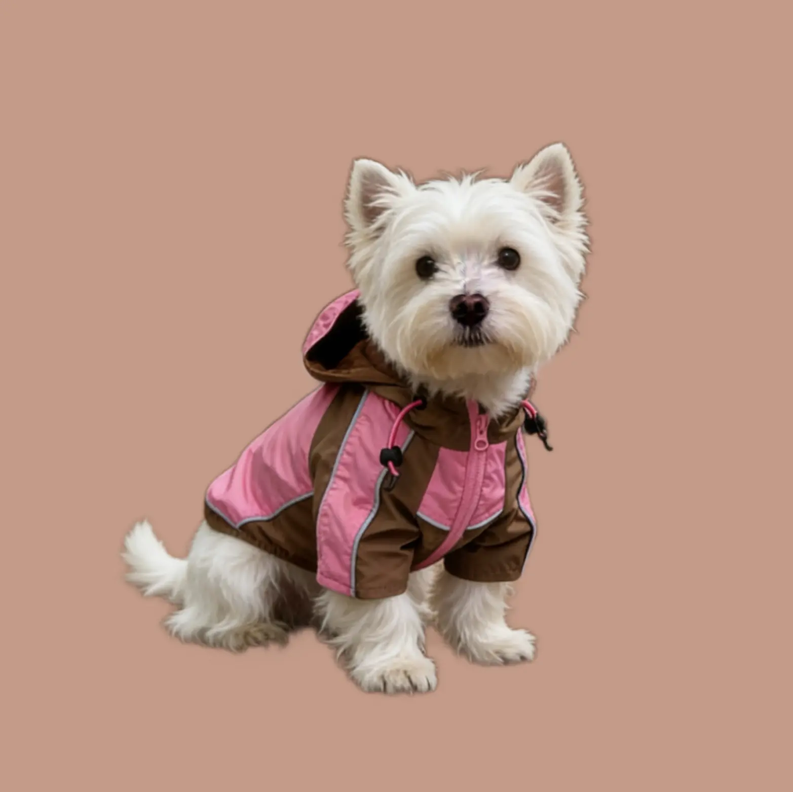 Small white dog wearing pink brown windproof clothes for small dog and cat