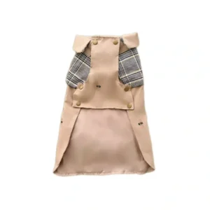 Front view of the beige plaid panel dog and cat trench coat