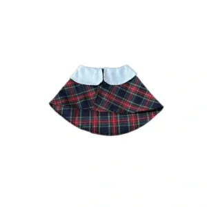 Front view of the navy british style plaid pet cape with Peter Pan collar