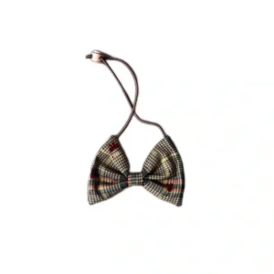 Full view of the tan and red traditional plaid pet bow tie