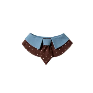 Frontal view of the coffee polka dot pet scarf tie for british style pet apparel