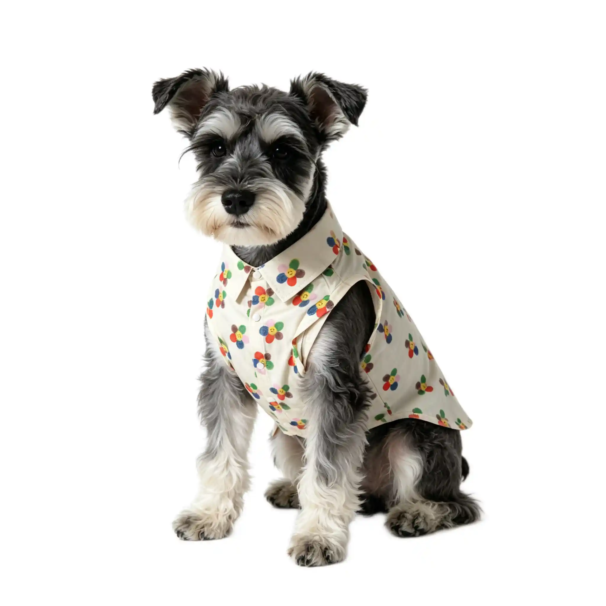 Schnauzer dog wearing Vibrant Summer Pet Clothes floral shirt