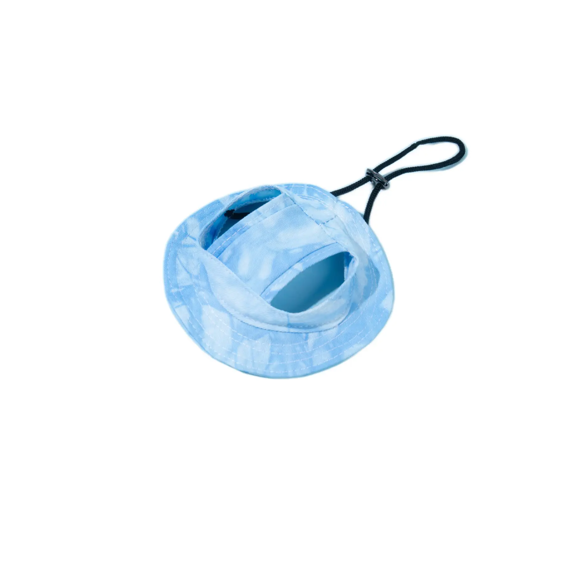 Flat lay view of blue tie-dye cat summer hat