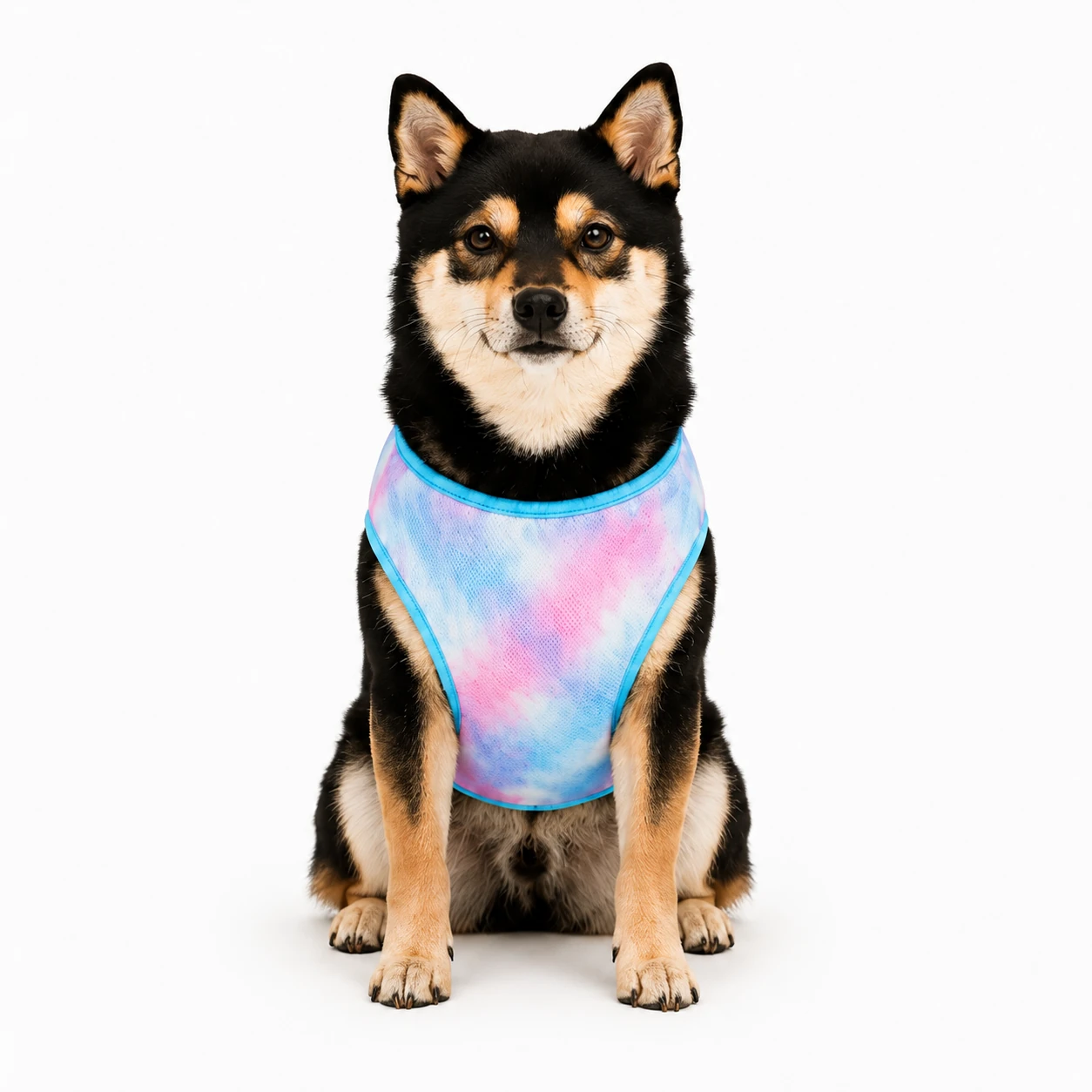 Front view of Shiba Inu wearing pastel blue and pink gradient dog cooling vest