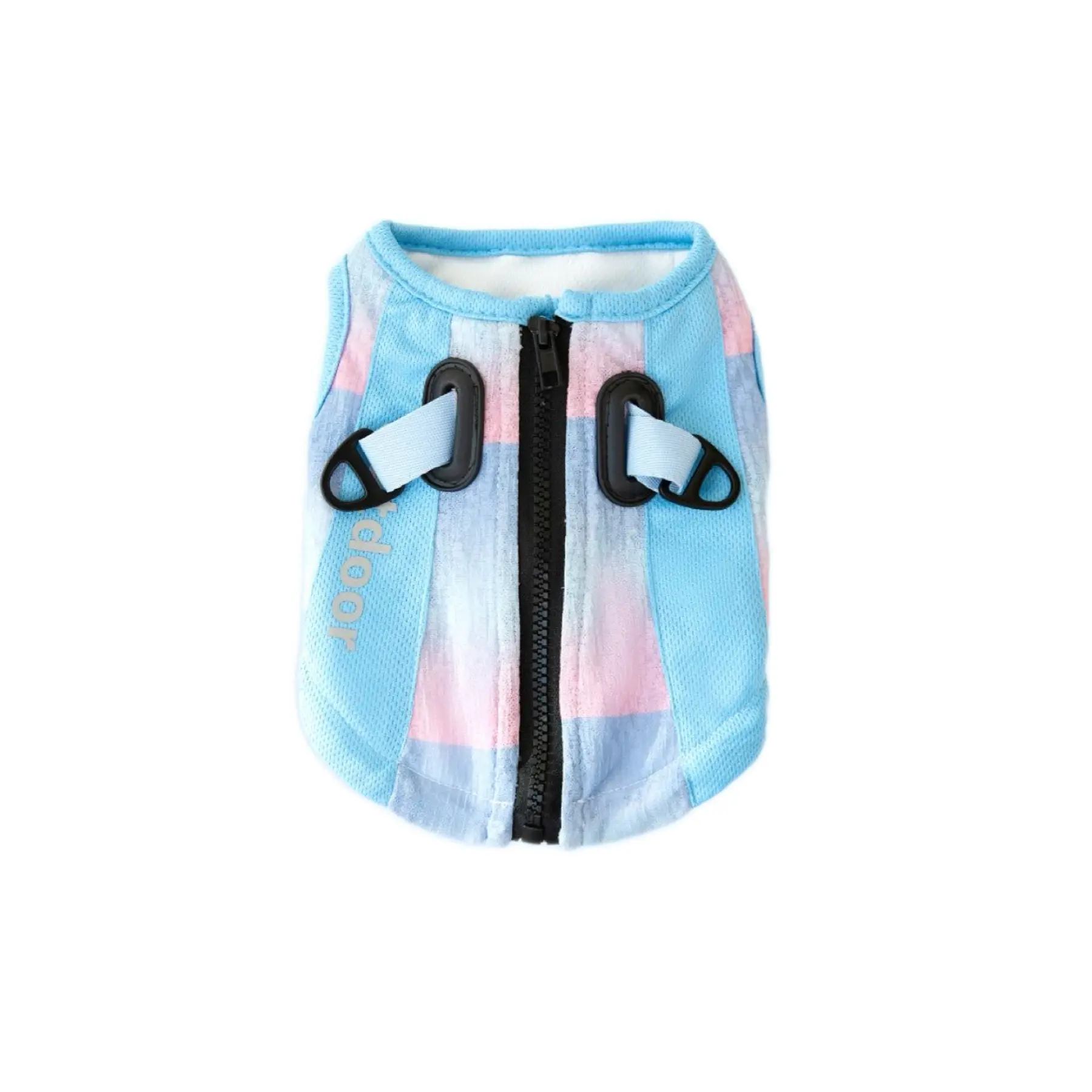 Flat lay view of blue and pink pastel evaporative dog cooling vest