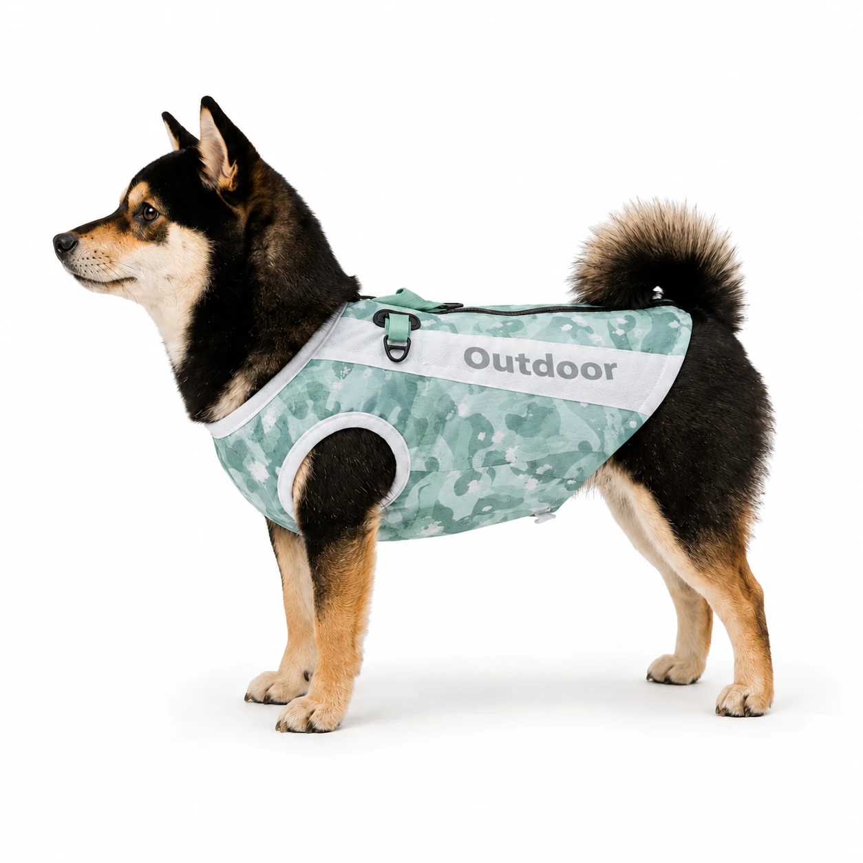 Shiba Inu wearing Hydro-Cooling Pro evaporative cooling vest for dogs, side view