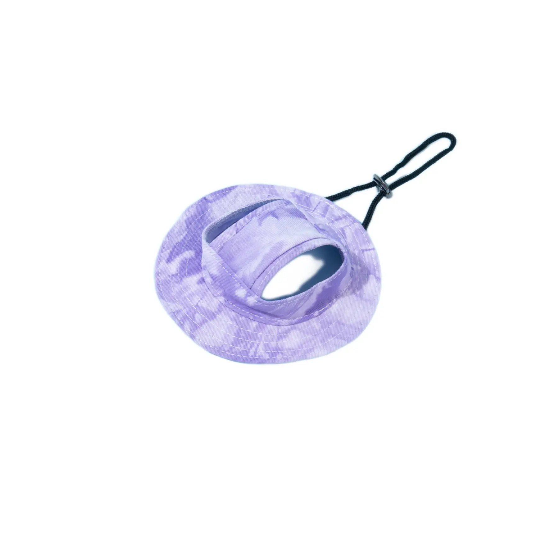 Flat lay view of purple tie-dye cat summer hat