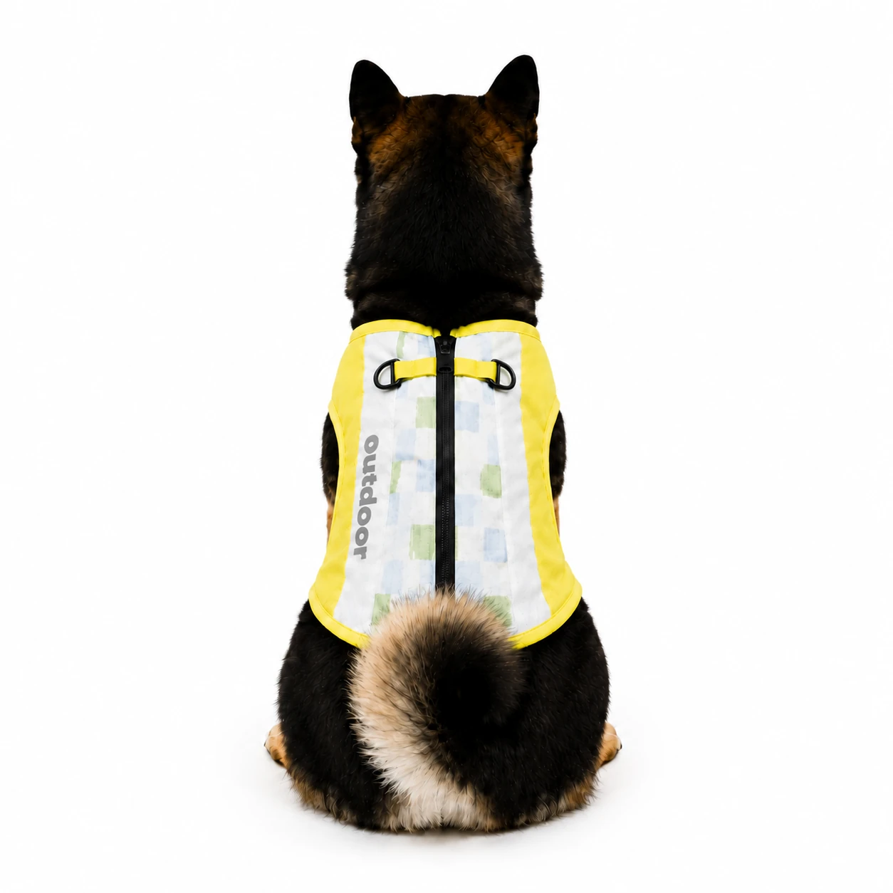 Yellow check outdoor dog vest back view with reflective harness design for small dogs