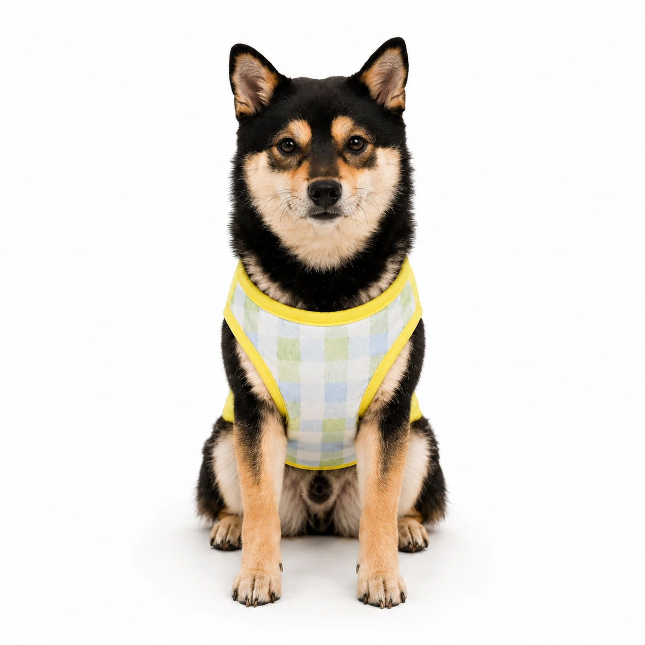 Front view of yellow check outdoor dog vest for small dogs with comfortable lightweight design