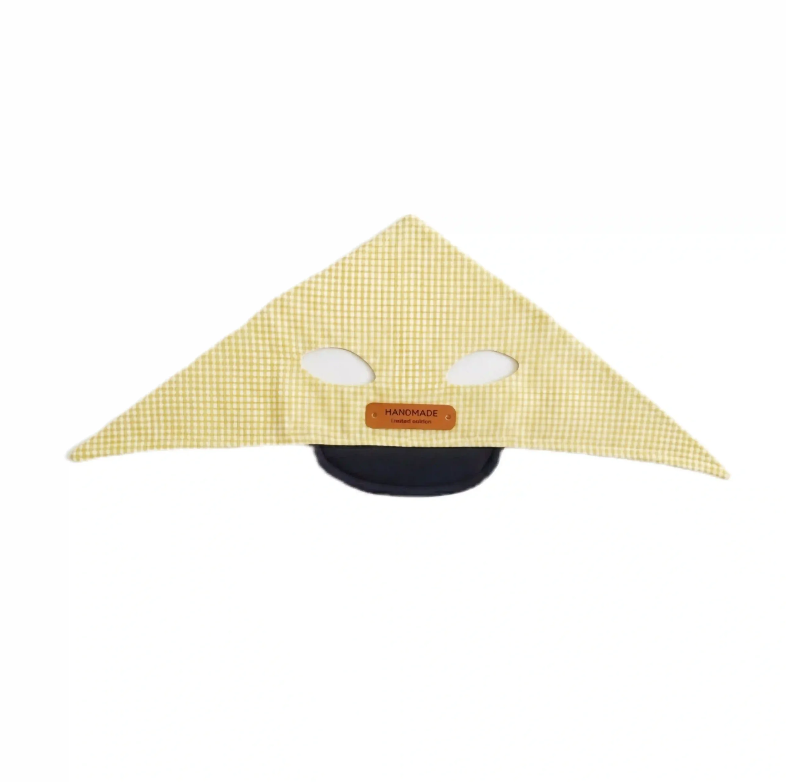 Flat lay view of a yellow gingham pet summer bonnet with ear holes
