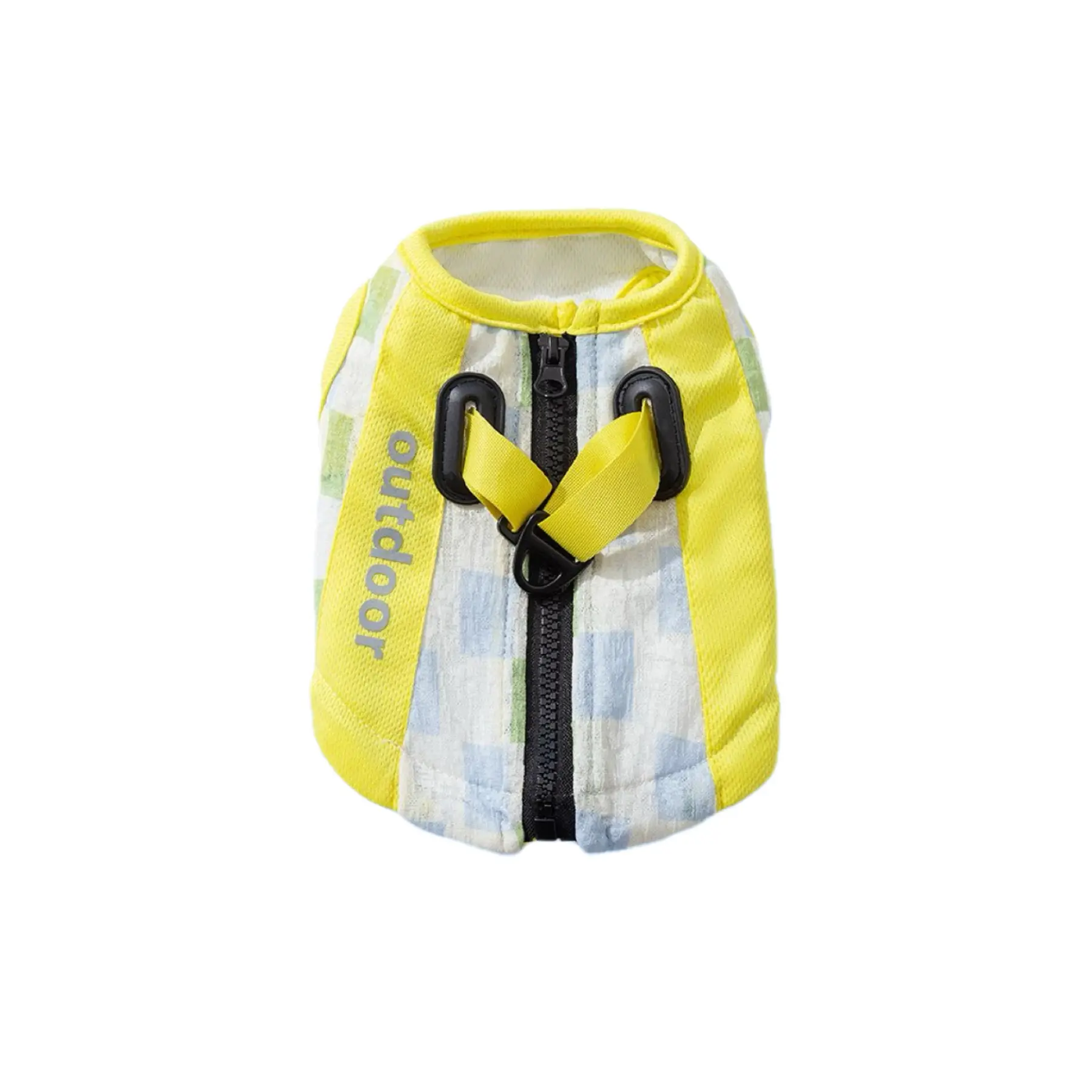 Flat lay view of yellow plaid evaporative dog cooling vest