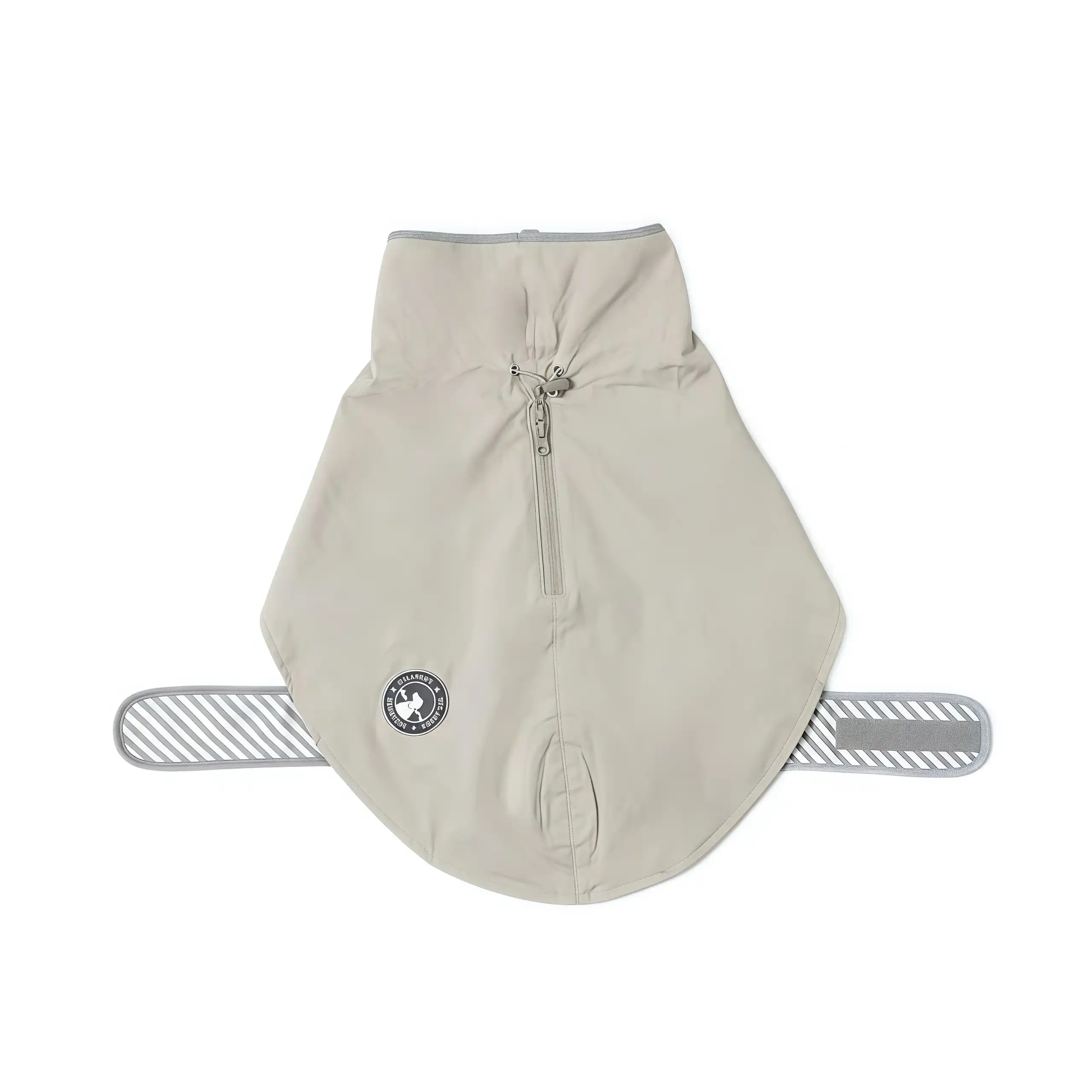 Back view of Morandi Grey small dog raincoat with reflective strips.