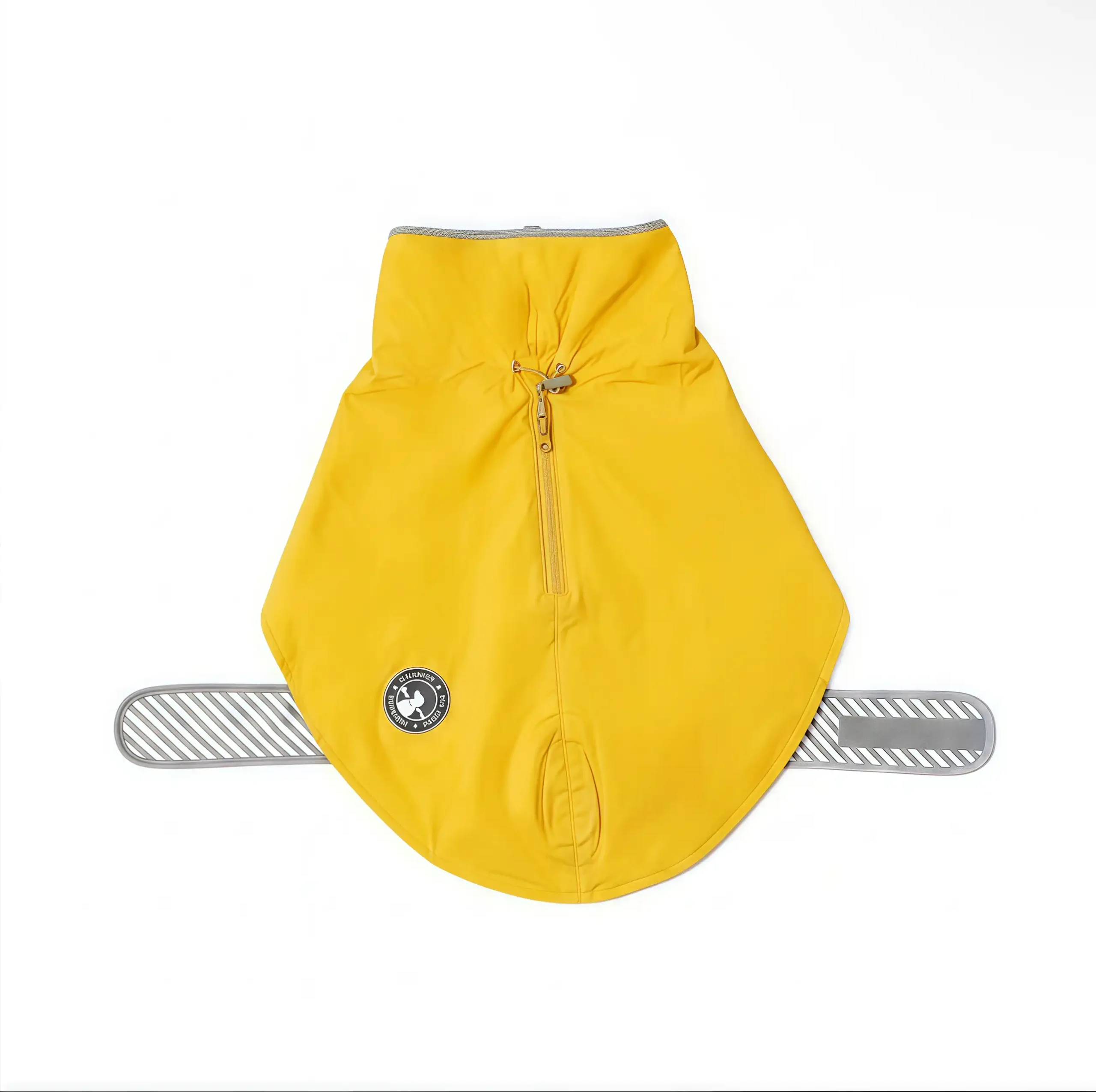Back view of Bright Yellow dog raincoat with leash hole.