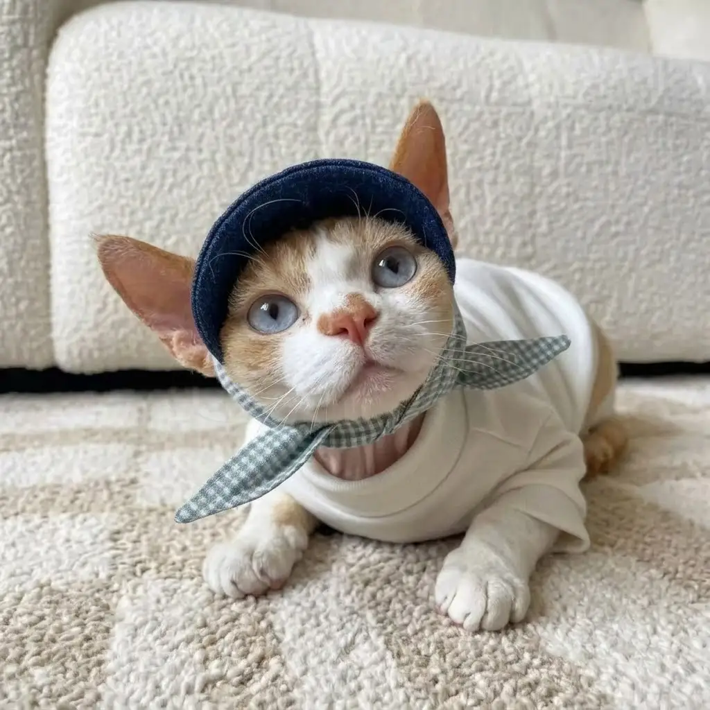 Elegant Devon Rex cat wearing a denim sun hat and plaid bandana scarf from Cuddlpets Pet Style Essentials collection.