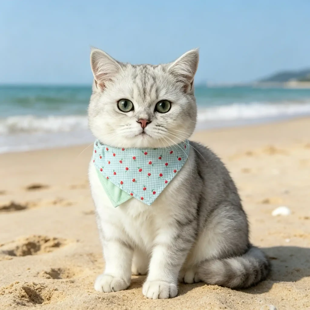 British Shorthair silver shaded cat wearing a mint green strawberry pattern pet scarf bandana by Cuddlpets on a sunny sandy beach.