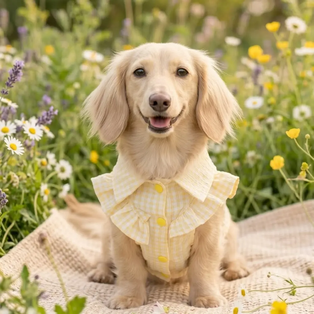 Longhaired dachshund wearing a pastel yellow gingham ruffle shirt from Cuddlpets premium summer dog clothing collection sitting in a daisy fiel