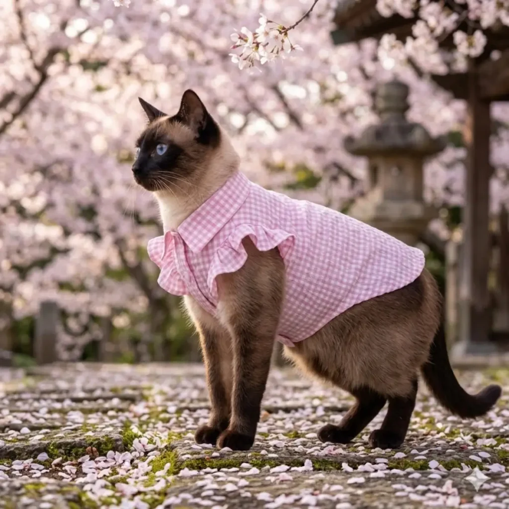 Siamese cat wearing a Cuddlpets pastel pink gingham ruffle shirt standing under blooming cherry blossom trees.