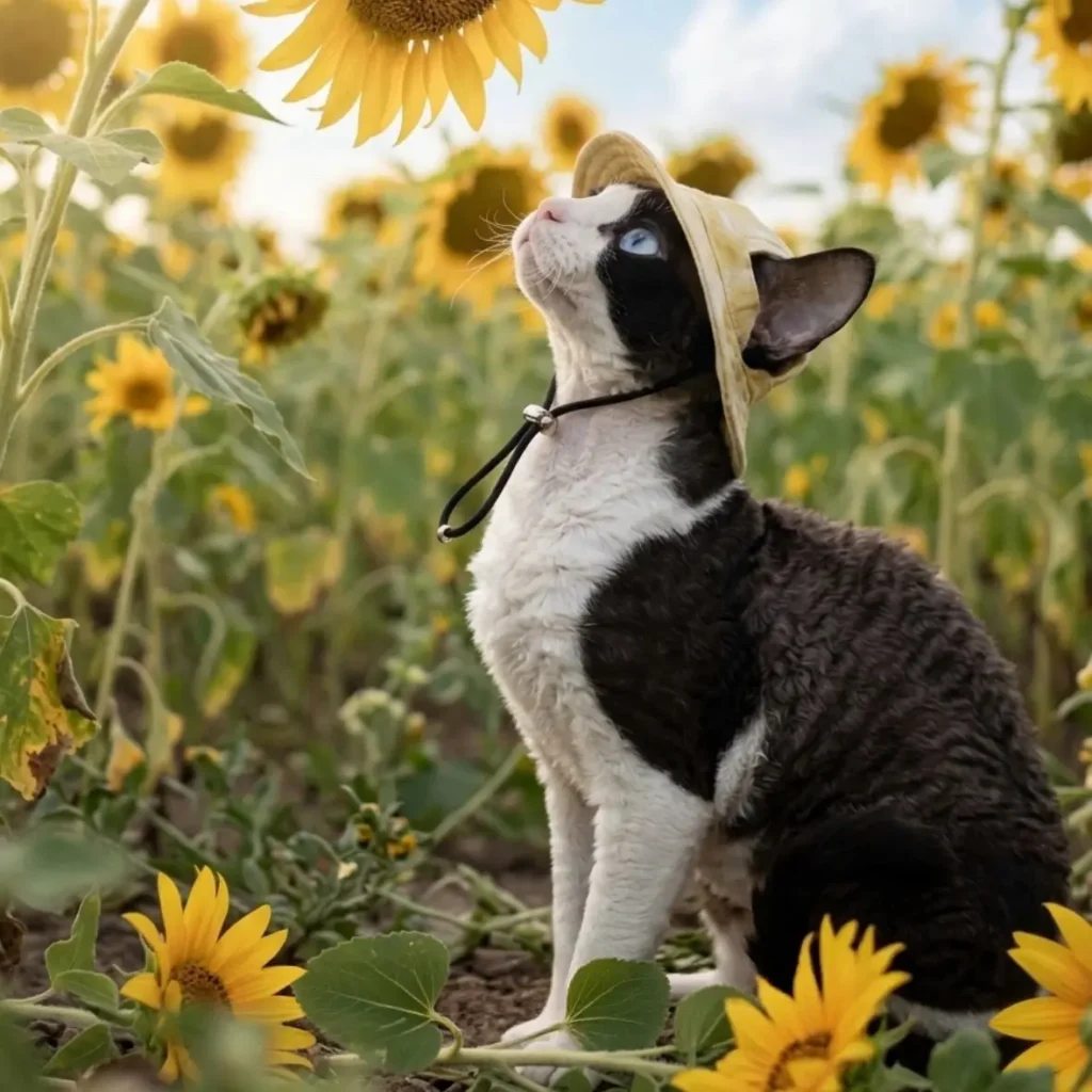 Main seasonal collection image for Cuddlpets Vibrant Summer and Outdoor collection. Featuring a stylish black and white cat modeled with a premium adjustable pet bucket hat among sunflowers, showcasing lightweight summer accessories, sun protection gear, and outdoor lifestyle concepts.