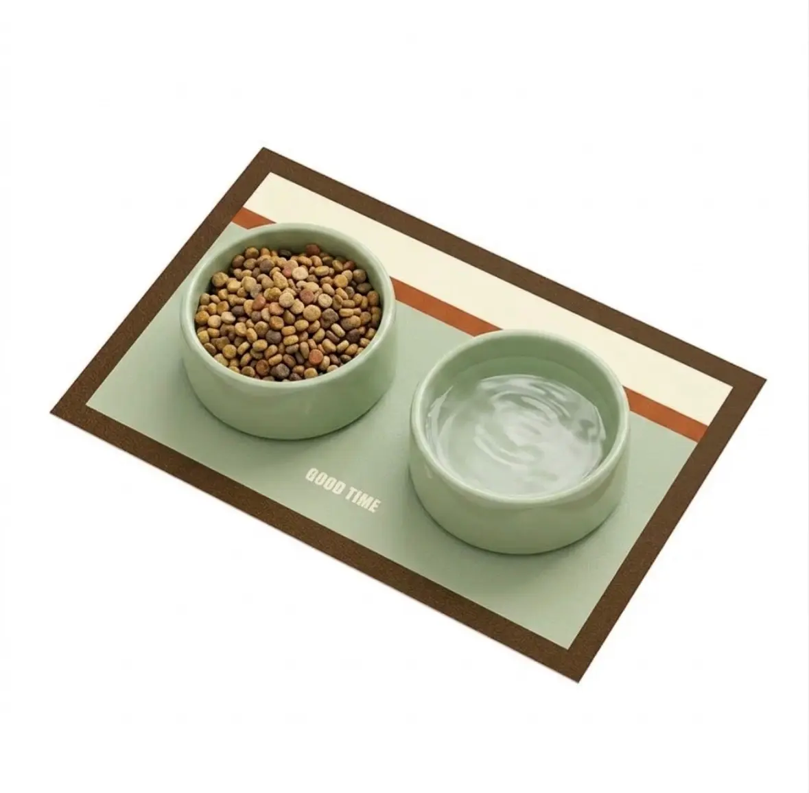 Green geometric waterproof leather pet mat with two sage green food bowls