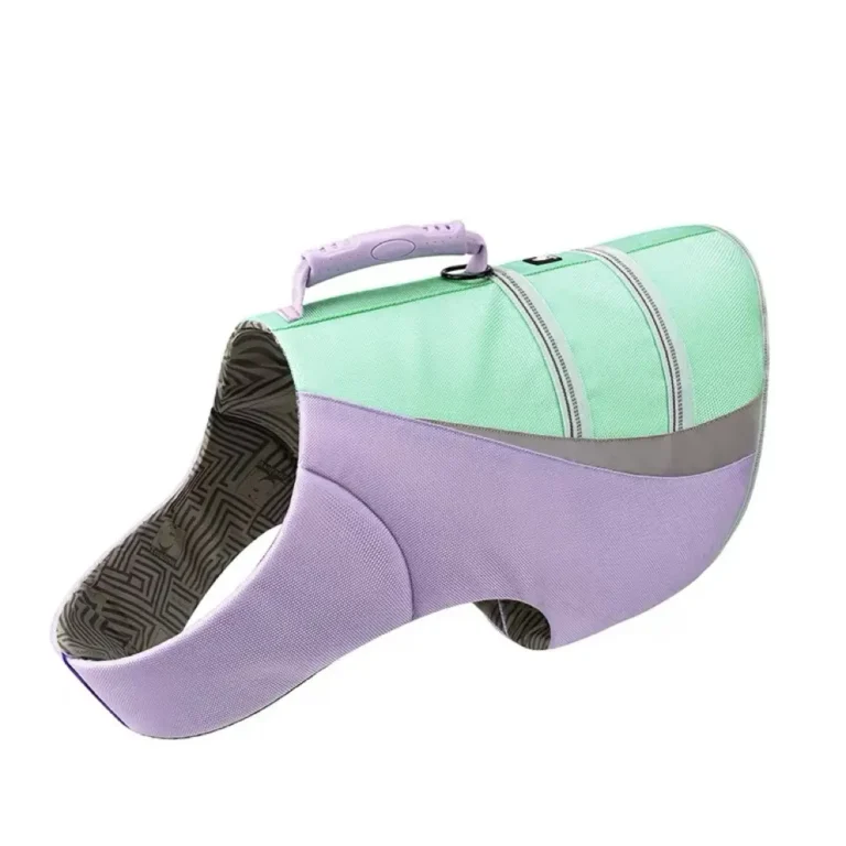 Purple and mint green Dog Life Vest for swimming with ergonomic PVC handle