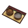 Yellow geometric waterproof leather pet mat with dog food bowls