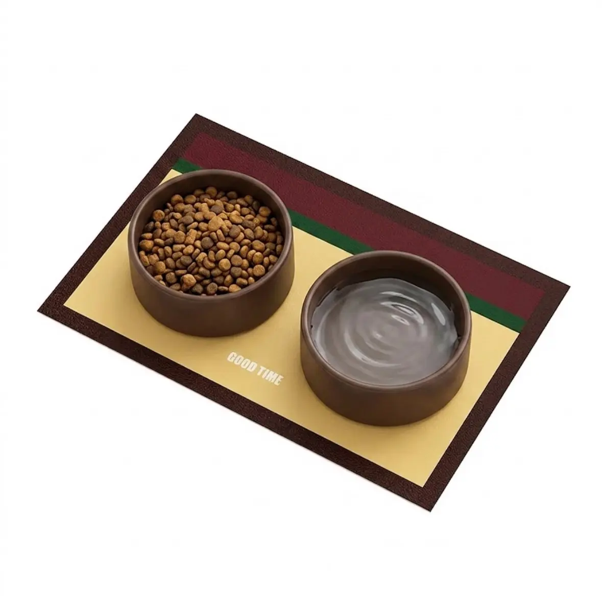Yellow geometric waterproof leather pet mat with dog food bowls