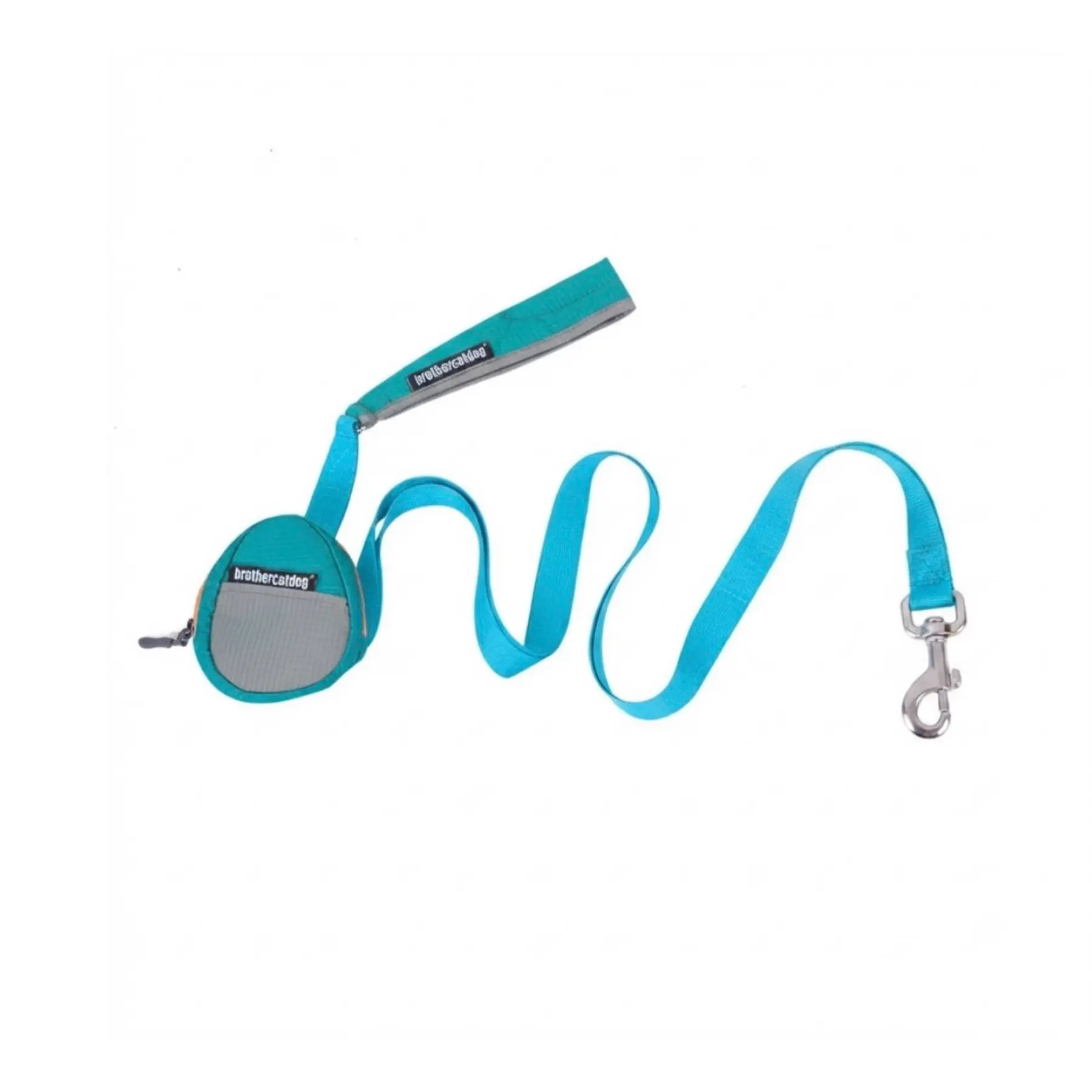 Blue dog leash and matching treat pouch set for outdoor walking