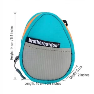 Infographic hero shot showing size dimensions (14cm height, 10cm length, 5cm depth) of the blue weatherproof dog treat pouch and accessory bag.