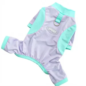Purple and green dog outdoor sun protection suit flat lay