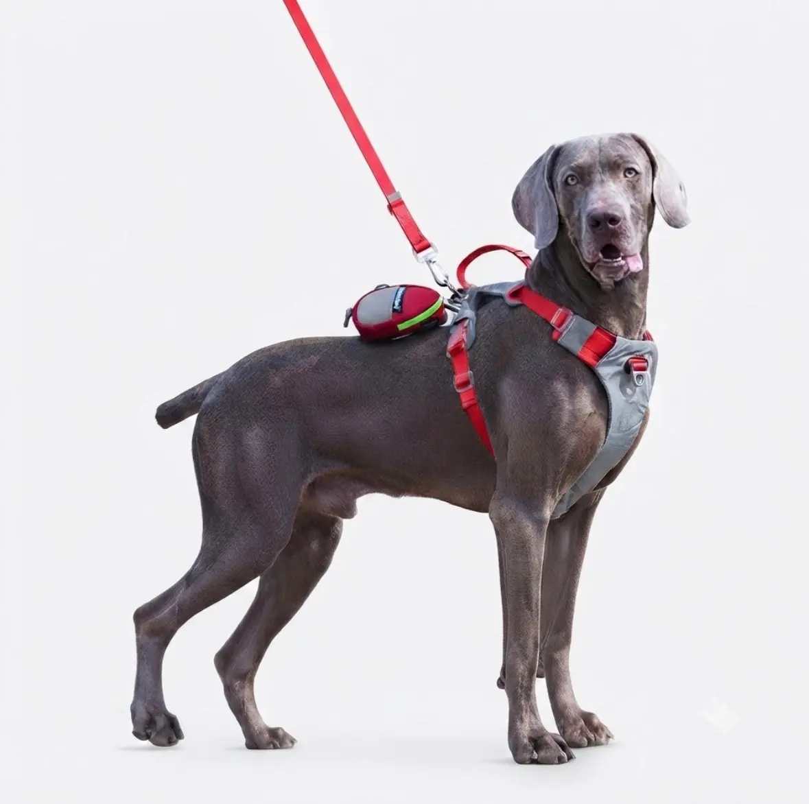 Dog wearing a grey and red adjustable H-shape dog harness