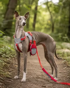 Italian Greyhound standing on a forest trail wearing a gray and red dog harness with matching leash and poop bag holder.