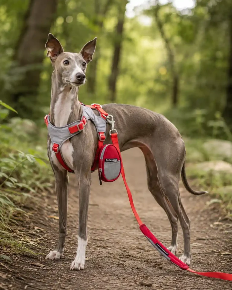 Italian Greyhound standing on a forest trail wearing a gray and red dog harness with matching leash and poop bag holder.