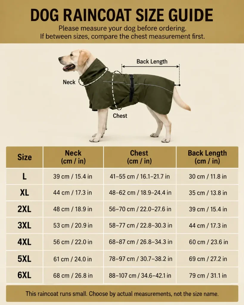 Dog raincoat size guide L–6XL with neck, chest and back length measurements