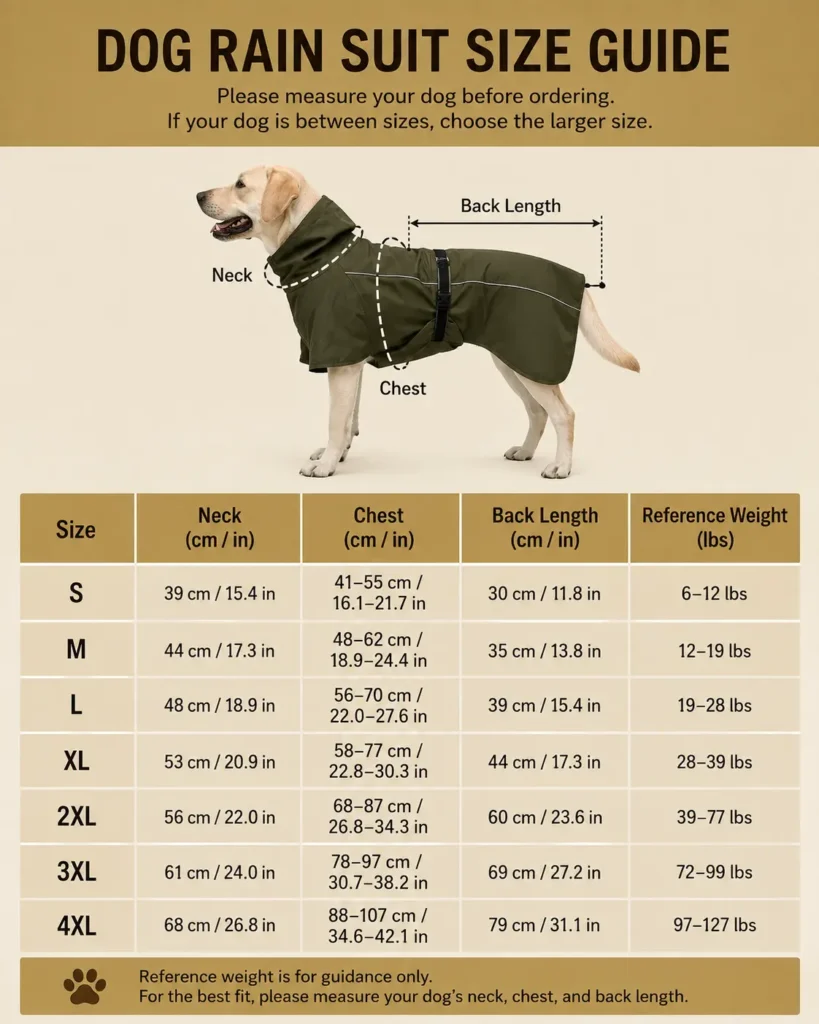 Dog raincoat size guide with neck, chest and back length measurements