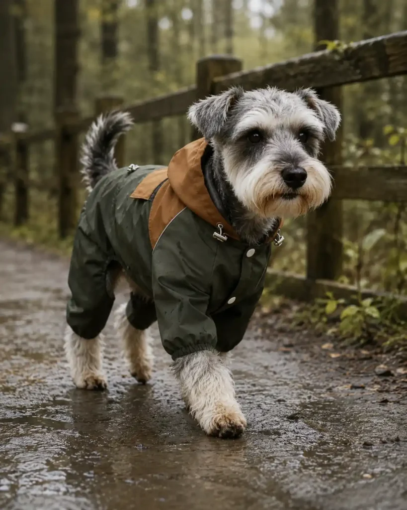 A dog wearing an army green raincoat standing on a wet forest trail near a wooden fence.