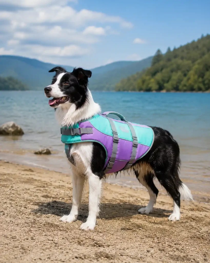 Black and white dog wearing a turquoise and purple life jacket beside a mountain lake