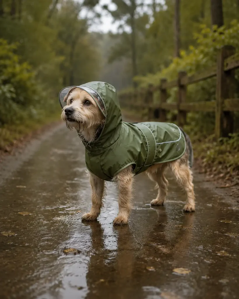 Small dog wearing a green raincoat on a wet woodland trail