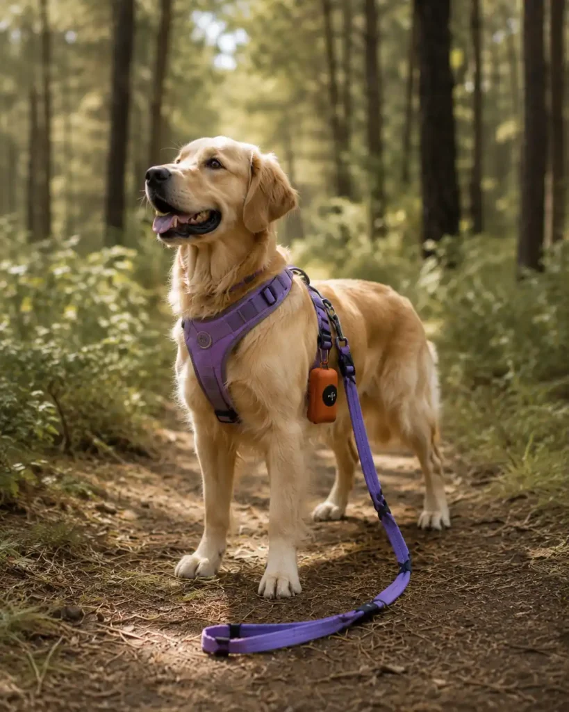 Golden retriever wearing a purple harness with leash and poop bag holder on an outdoor trail