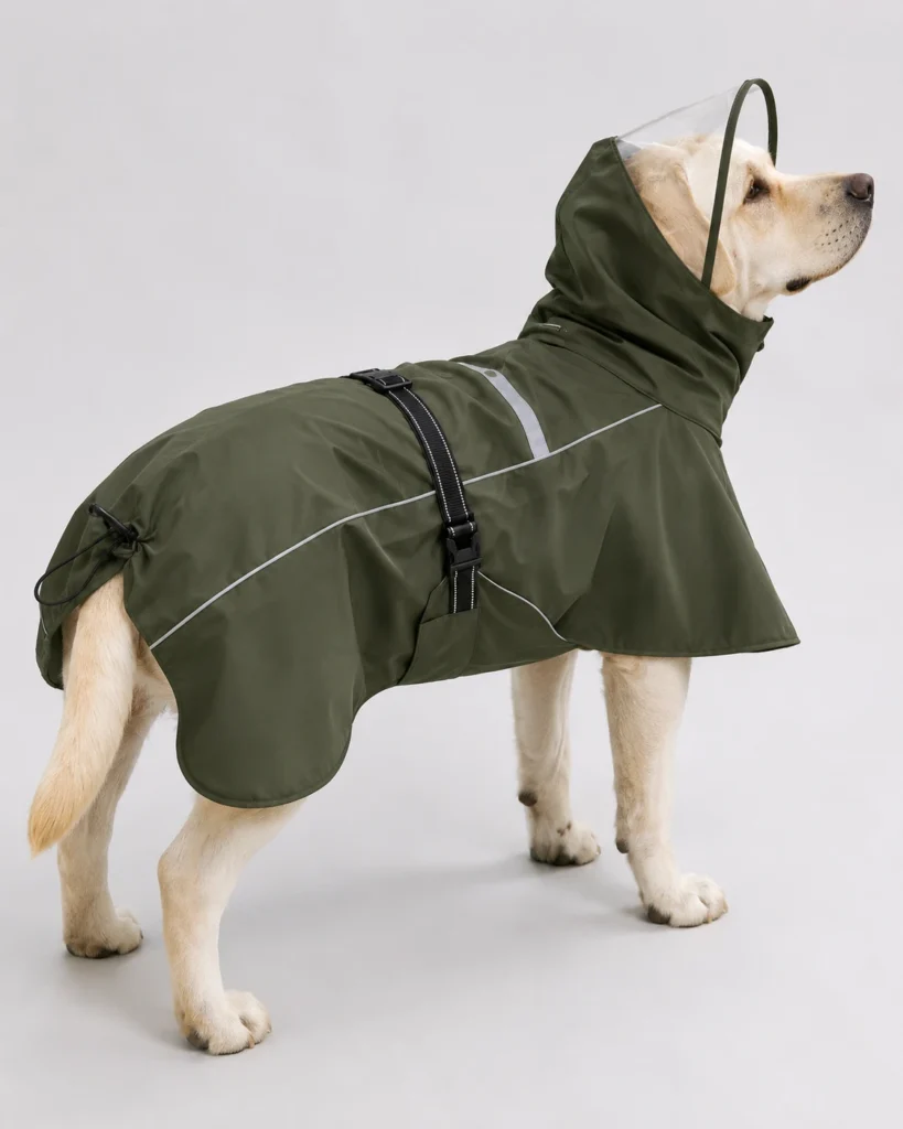 All-Weather dog raincoat with clear visor and reflective trim