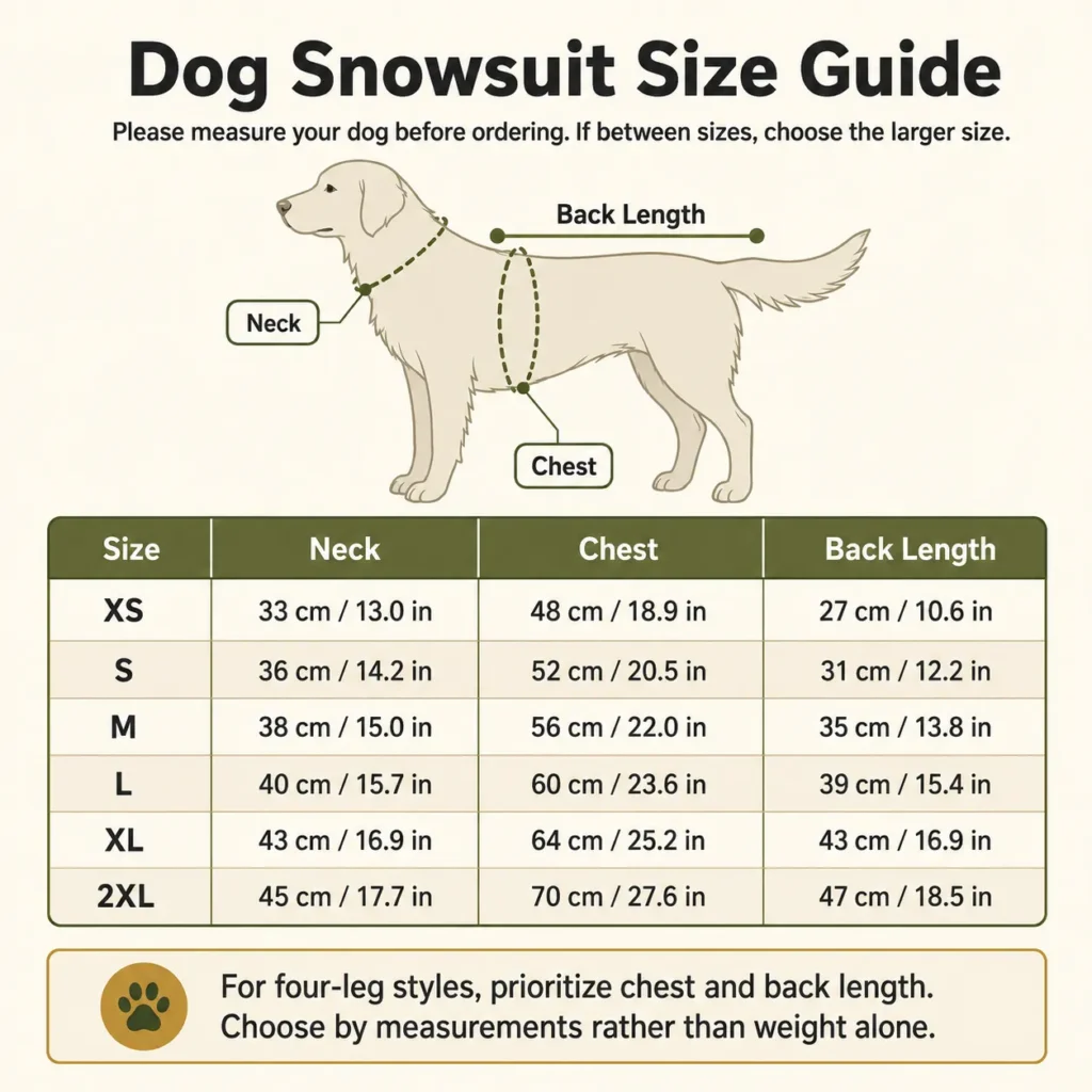 Dog snowsuit size guide showing neck, chest and back length measurements from XS to 2XL