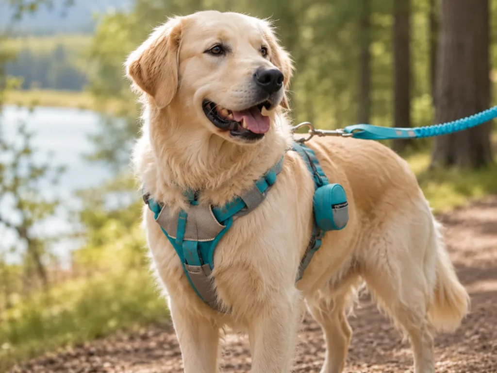 Golden Retriever wearing an adjustable dog harness for outdoor walks