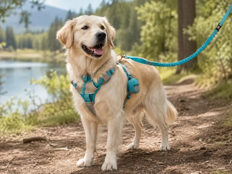 Golden Retriever wearing a harness and leash on an outdoor trail