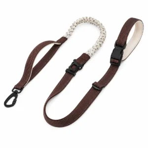 Coffee brown multifunction hands-free dog leash with shock-absorbing bungee and reflective webbing.