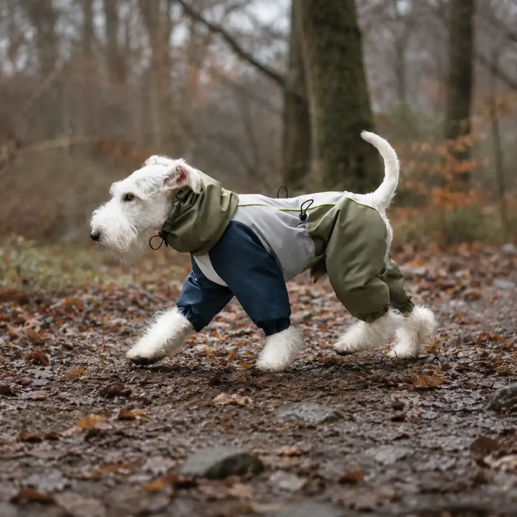 Dog wearing an Olive Green and Navy insulated snowsuit on a damp autumn woodland walk
