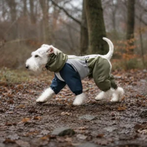 Dog wearing an Olive Green and Navy insulated snowsuit on a damp autumn woodland walk