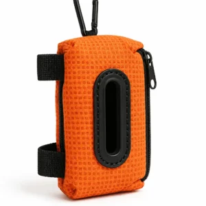 Orange dog poop bag holder with leash attachment straps and carabiner