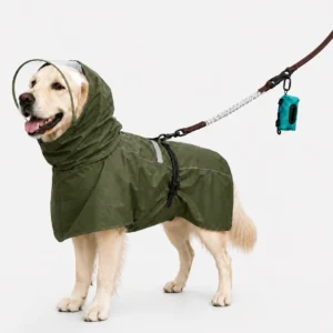 Army green Rainy Walk Kit with dog rain suit, brown multi-function leash and teal blue poop bag holder