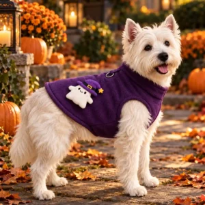 Westie wearing a purple Halloween ghost fleece dog vest outdoors