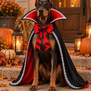 Doberman wearing a red-lined Halloween vampire dog cape outdoors