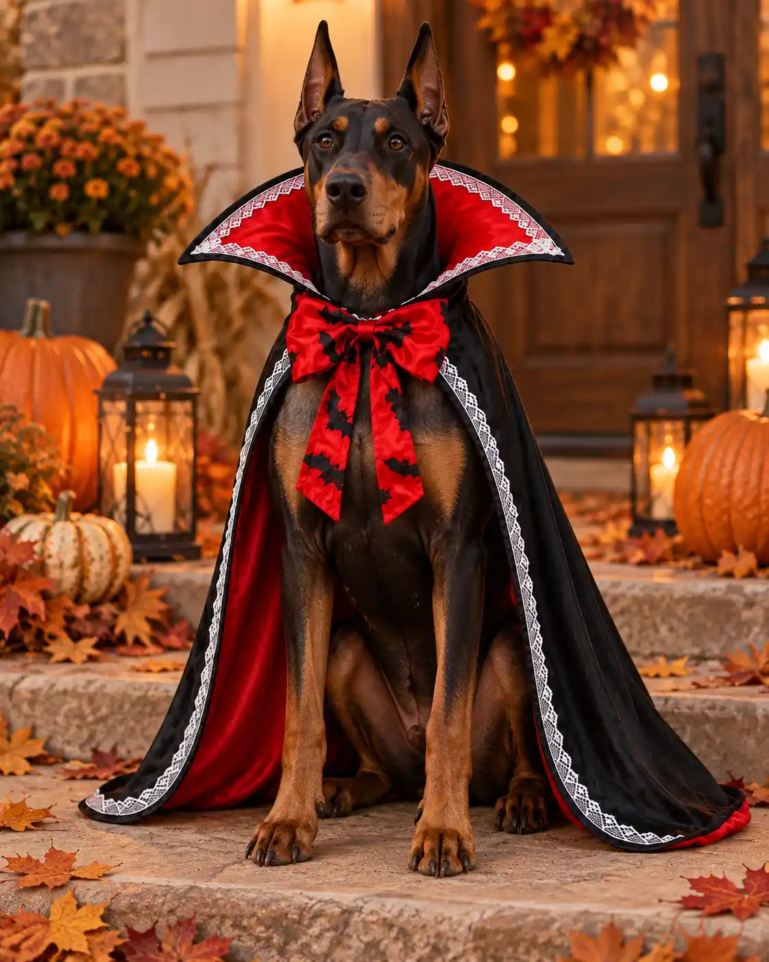 Doberman wearing a red-lined Halloween vampire dog cape outdoors